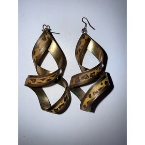 Vintage Enamel Brass Dangle Drop‎ Earrings Swirl Style 3D Leopard Print